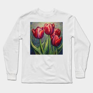 Trio of Deep Red Folk Art Tulips Long Sleeve T-Shirt